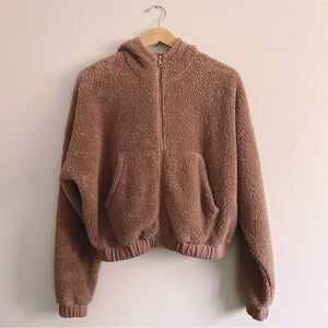 Girlfriend Collective Teddy Fleece Bomber Jacket Hoodie Chocolate Brown Small